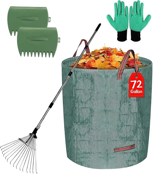 Adjustable Metal Leaf Set 65" Adjustable Handle Rake Set,32-63" Handle, 8-23" Wide with 72-Gallon Leaf Scoops&Bag-Heavy Duty Garden Rake for Lawns, Shrubs, Grass, Flower Beds & Outdoor Use