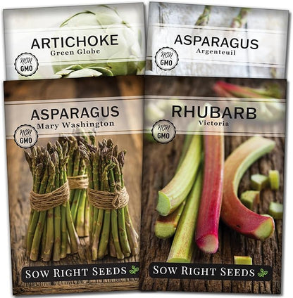 Sow Right Seeds - Perennial Vegetable Seed Collection for Planting - Artichoke, Rhubarb, and Asparagus - Tasty and Nutritious Favorites for Outdoor Garden - Non-GMO Heirloom Packets with Instructions