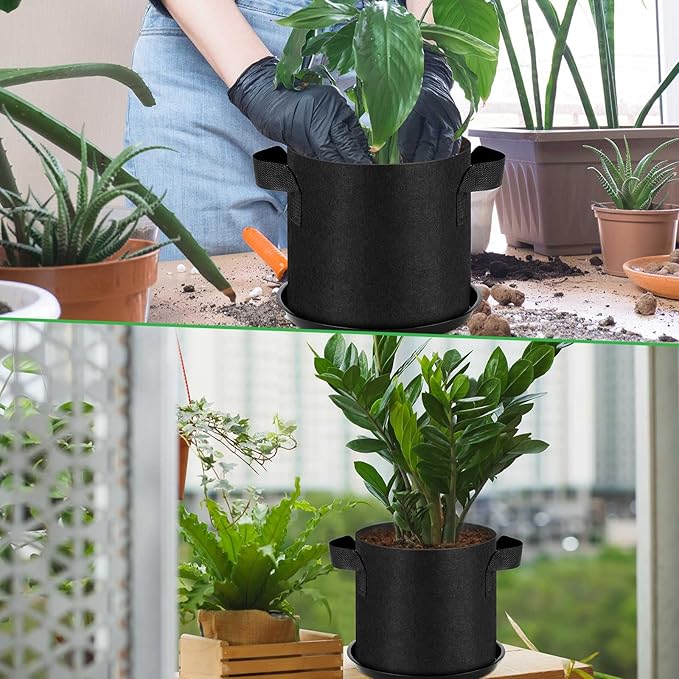 24 Sets 2 Gallon Grow Bag with Plant Saucers, Durable Aeration Fabric Pots with Handles Black Drainage Planter Bags Reusable Garden Bags Plastic Drip Trays Set for Indoor Outdoor