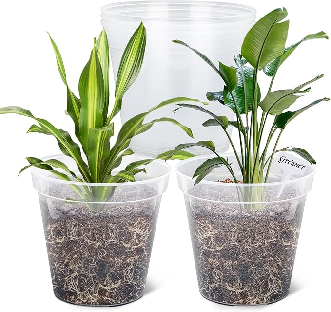 GREANER Clear Plastic Plant Pots, Plastic Planter with Drainage Holes, Nursery Pots for Indoor Outdoor with 20 Plant Labels, 12 Inch(Pack of 5)
