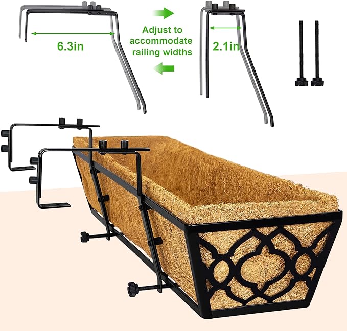 4pcs 24 Inch Window Deck with Coco Liner, 24" Window Boxes Horse Trough with Coconut Coir Liner, Metal Hanging Flower Planter Window Basket Deck Railing Planter Boxes for Outdoor Indoor Lawn
