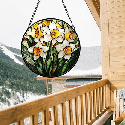 Stained Glass Window Hanging, Yellow and White Daffodils Sun Catcher for Door Home Decor Plants Flowers Suncatcher Christmas Mother's Day Birthday Gifts for Women Men Mom Nana 9.8 in