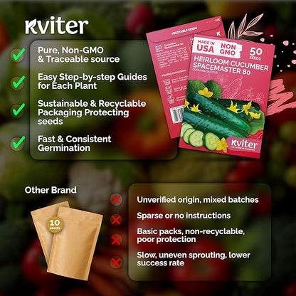 KVITER 50 Spacemaster 80 Cucumber Seeds (Cucumis sativus) - Compact Space Master Cucumber Organic Seed Packets, Pickling & Slicing Cucumbers - Vegetable Seeds for Planting in Small Garden & Containers