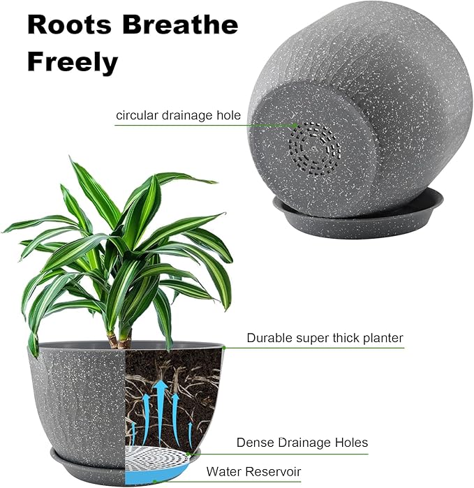 12/10/9 inch Plant Pots, 3 Pack Flower Pots for Outdoor Indoor Garden Plants, Large Planters with Multi Mesh Drainage Holes and Saucer (Speckled Grey, 12"+10"+9")