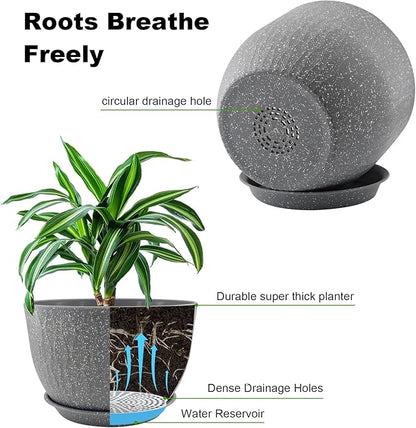 12/10/9 inch Plant Pots, 3 Pack Flower Pots for Outdoor Indoor Garden Plants, Large Planters with Multi Mesh Drainage Holes and Saucer (Speckled Grey, 12"+10"+9")