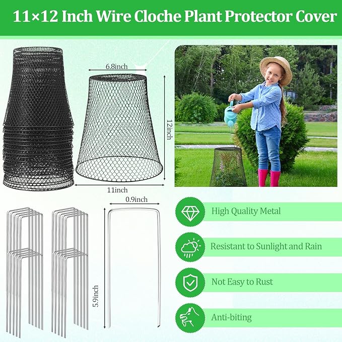 Therwen 20 Pcs Large Chicken Wire Cloche Plant Protector Cover 11x12 Inch Metal Garden Cloche Dome for Plants Wire Protection Basket with Garden Stakes Plant Cages from Animals (Black)