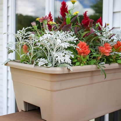 The HC Companies 24 Inch Wide Heavy Duty Plastic Deck Rail Mounted Garden Flower Planter Boxes with Removable Drainage Plugs, 2 Pack, White