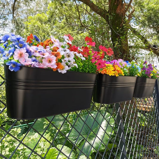 3 Pcs Large Balcony Planters Railing Hanging Flower Pots- 16.2 Inch Metal Railing Planter Box Fence Planters for Outdoor Plants with Detachable Hooks and Drain Holes for Garden Decor (Black-16.2inch)