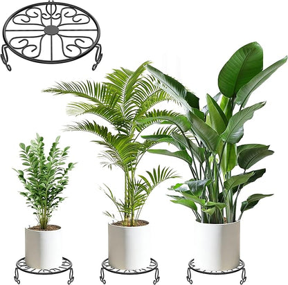 3-Pack Wrought Iron Plant Stands for Outdoor & Indoor Use, Heavy Duty Rustproof Metal Pot Stand Holder, Single Short Round Black Base for Patio Garden Porch Plants Flower Pots Planter Riser 9Inch