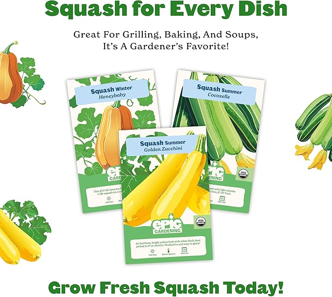 Epic Gardening Squash Seed Bundle - 3 Non-GMO Varieties, Includes Golden Zucchini, Cocozelle & Honeybaby, Perfect for Roasting, Soups, Baking & Versatile Cooking, Great for Backyard Gardens