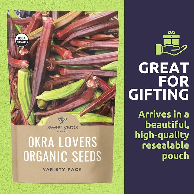 Organic Okra Lovers Seeds Variety Pack - 3 Individual Packs - 2026 Season - Cowhorn, Burgundy and Clemson Spineless! for Indoor & Outdoor Planting (Non-GMO, Certified Organic)