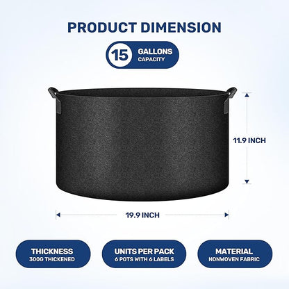 HealSmart 15 Gallon 6 Pack Nonwoven Grow Bags, Aeration Fabric Pots with Handles, Heavy Duty Garden Grow Pots for Tomato Vegetables Flowers, 6 Plant Labels, Black
