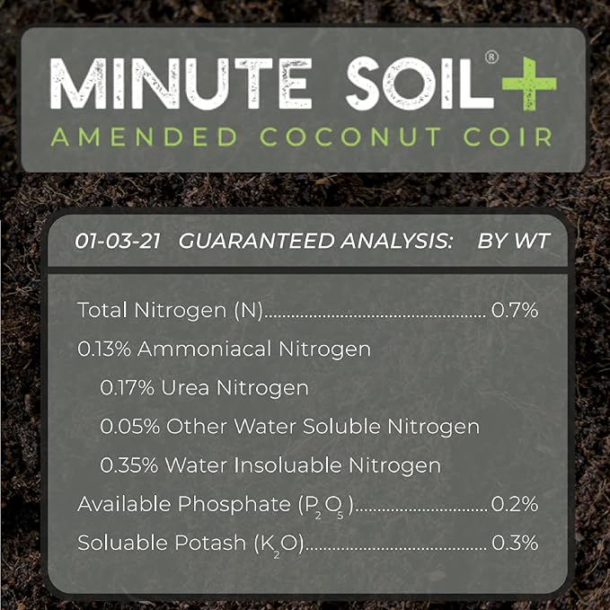 Minute Soil Plus Brick - NPK Amended Compressed Coco Coir Fiber Grow Medium - 3 Bricks = 1.5 Gallons of Potting Soil Each - Gardening, Plants, Flowers, Herbs, Microgreens - Peat Free