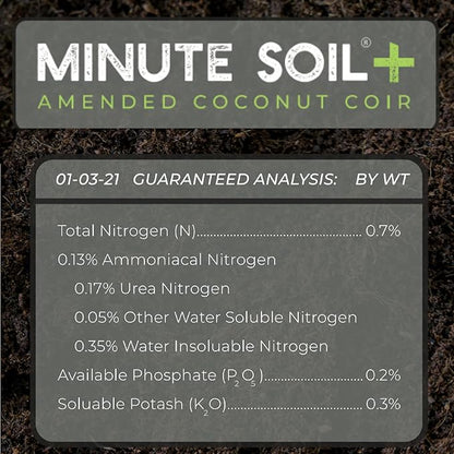 Minute Soil Plus Brick - NPK Amended Compressed Coco Coir Fiber Grow Medium - 1 Brick = 1.5 Gallons of Potting Soil - Gardening, Plants, Flowers, Herbs, Microgreens - Peat Free