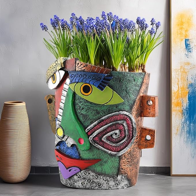 Picasso-Inspired Abstract Face Flower Pot | Unique Head Planter with Drainage Hole | Vibrant Colors & Quirky Art Decor (Frowning Expression)