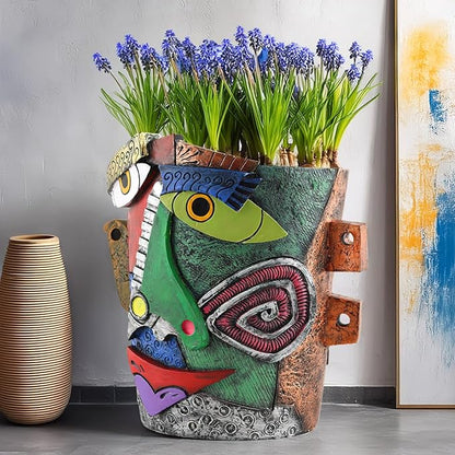 Picasso-Inspired Abstract Face Flower Pot | Unique Head Planter with Drainage Hole | Vibrant Colors & Quirky Art Decor (Frowning Expression)