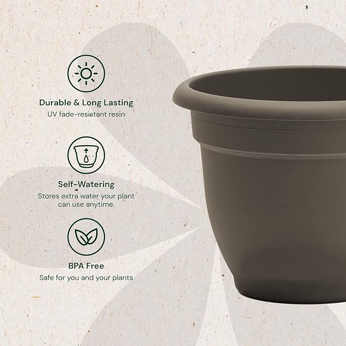 Bloem Ariana 20" Peppercorn Round Self-Watering Resin Planter Pot - Rolled Rim Indoor and Outdoor Gardening Planter