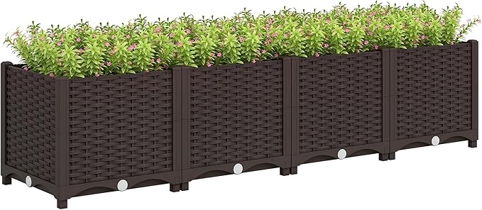 Outsunny 5 x 1 x 1 ft Raised Garden Bed, Indoor Outdoor Plastic Planter Box with Drainage Holes, Drain Plugs and Water Reservoirs for Vegetables, Herbs, Flowers & Succulents, Brown