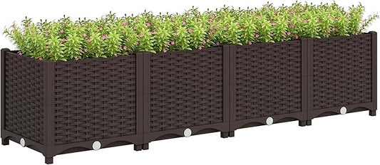 Outsunny 5 x 1 x 1 ft Raised Garden Bed, Indoor Outdoor Plastic Planter Box with Drainage Holes, Drain Plugs and Water Reservoirs for Vegetables, Herbs, Flowers & Succulents, Brown