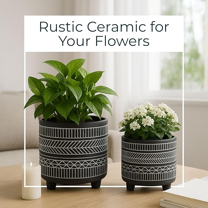 Set of 2 Tribal Look Footed Decorative Planter Pot – Ceramic Stoneware Outdoor and Indoor Plant Pot – Modern Garden and Home Decor Planters – 6" and 8", Black