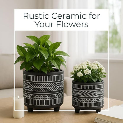 Set of 2 Tribal Look Footed Decorative Planter Pot – Ceramic Stoneware Outdoor and Indoor Plant Pot – Modern Garden and Home Decor Planters – 6" and 8", Black