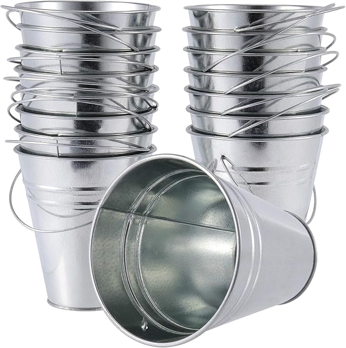 KINJOEK 16 PCS Galvanized Metal Bucket with Handle, 4.5 x 5.1 Inch Small Round Flower Pot Plant Basket, Galvanized Planter Pail for Balconies, Gardens, Patios, Office, Parties and Weddings