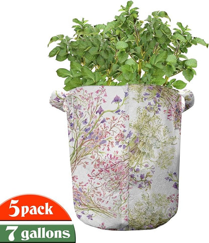 Ambesonne Floral Grow Bags 5-Pack, Rural Wild Flower Bunches, Heavyduty Fabric Pots with Handles for Plants, Green Pink