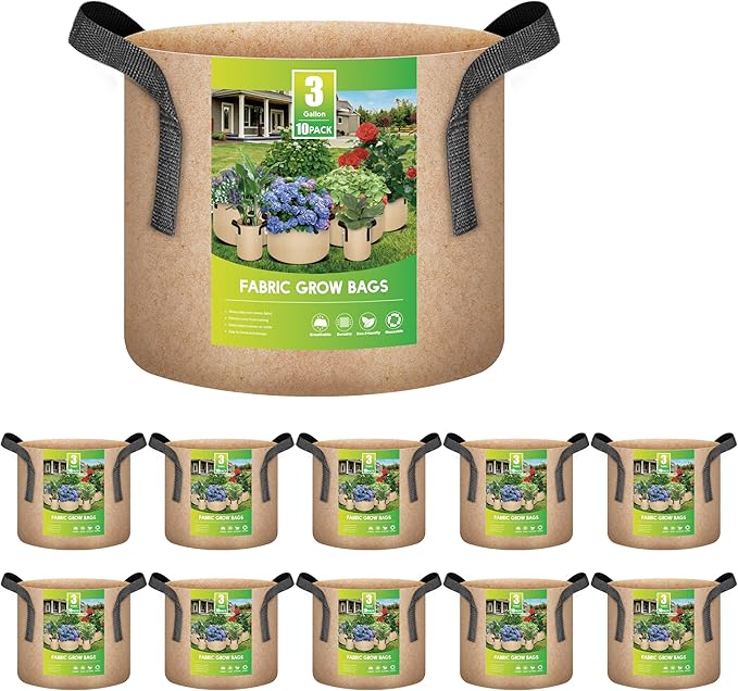 iPower Plant Grow Bags 3 Gallon 10-Pack Tan Heavy Duty Thickened Nonwoven Aeration Fabric Pots Durable Container with Strap Handles, Gardening & Planting Fruit