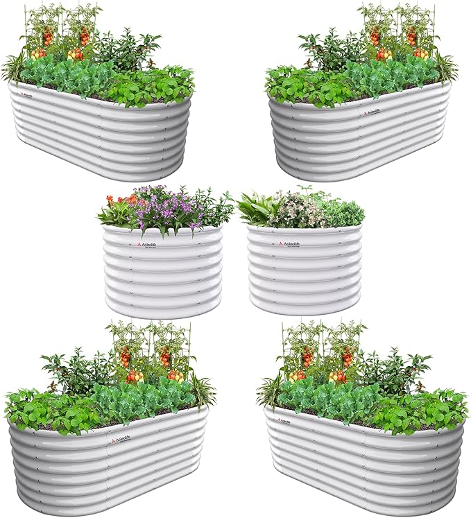 A ANLEOLIFE 6-Piece 24 Inch Tall Antique White Raised Garden Beds Kit, Oval & Round Metal Planters – Ideal for Backyard Vegetables Flowers Herbs