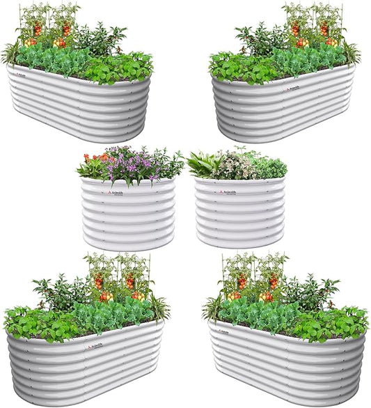 A ANLEOLIFE 6-Piece 24 Inch Tall Antique White Raised Garden Beds Kit, Oval & Round Metal Planters – Ideal for Backyard Vegetables Flowers Herbs