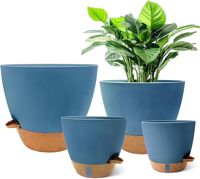 MNKXL 12"/10"/9"/8" Self Watering Pots with Visual Water Window,Extra Large Self Watering Plant Pots with Drainage Holes & Saucers,Blue Planters for Indoor Plants,4-Pack
