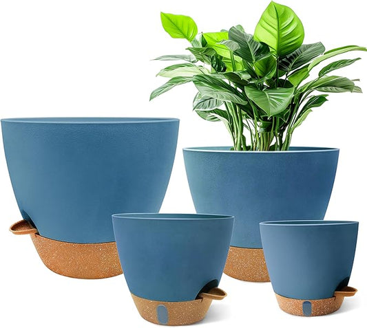 MNKXL 12"/10"/9"/8" Self Watering Pots with Visual Water Window,Extra Large Self Watering Plant Pots with Drainage Holes & Saucers,Blue Planters for Indoor Plants,4-Pack