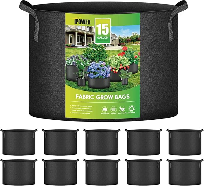 iPower 10-Pack 15 Gallon Plant Bags Heavy Duty Thickened Nonwoven Fabric Potato Growing Pot, Aeration Durable Container with Reinforced Strap Handles, for Gardening & Planting Vegetable