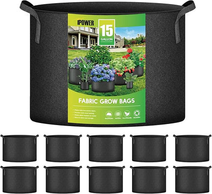iPower 10-Pack 15 Gallon Plant Bags Heavy Duty Thickened Nonwoven Fabric Potato Growing Pot, Aeration Durable Container with Reinforced Strap Handles, for Gardening & Planting Vegetable
