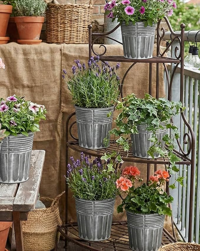 vensovo 5 Inch Silver Metal Rustic Flower Pots - 6Pcs Medium Galvanized Planters with Drainage Hole and Rubber Plug, Rustproof Metal Bucket Plant Pots Farmhouse Vintage Style for Decor