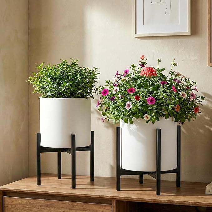 FaithLand Mid Century Plant Stand Indoor Outdoor (EXCLUDING 8" Plant Pot), Metal Planter Stand, Potted Plant Holder, Black, Hold Up to 8 Inch Planter - Upgraded Design