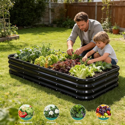 4 in 1Galvanized Raised Garden Bed - 5x3x1ft Modular Garden Planter Bed Outdoor | Steel Raised Bed Kit with Bracing Rods, Gloves for Gardening Vegetables Fruits and Flowers - Gray