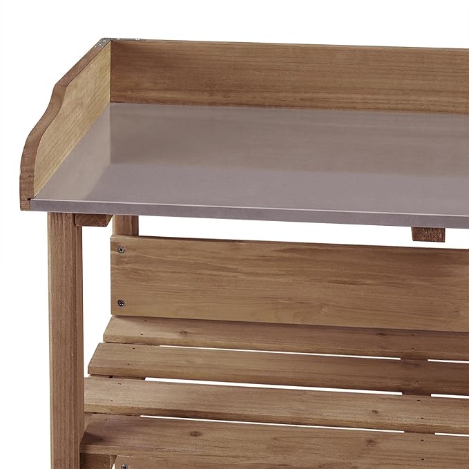 Topeakmart Potting Bench Table w/Metal Tabletop for Garden, Fir Wood Workstation w/3 Tier Shelves, Outdoor Work Bench w/Hook Brown