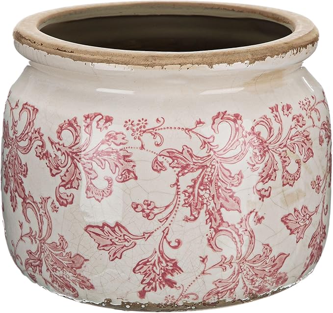 7.7" Large Ceramic Plant Pot Beige Pink Floral Vine Crackle Glaze Rustic Flowers Pot Decorative Planter with Drainage for Indoor Outdoor Plants Home Kitchen Office Decor Gift
