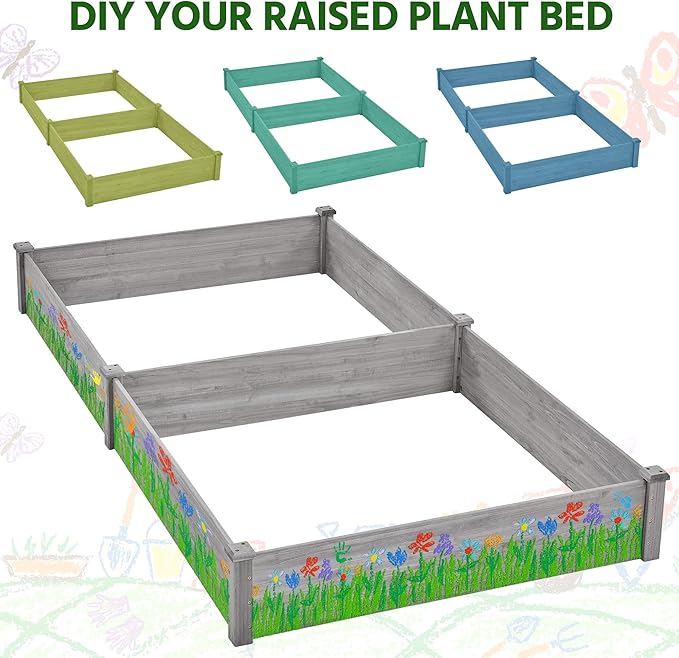 Topeakmart 92.5 x 47.5 x 10in Horticulture Raised Garden Bed 8×4ft Wooden Planting Box in Garden Backyard/Outdoor Use, Gray