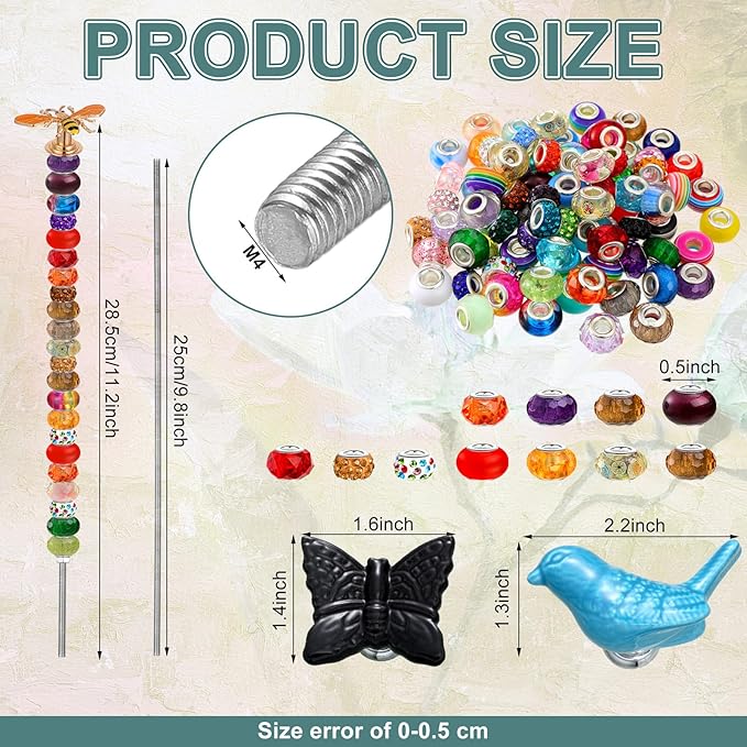 Tigeen 236 Pcs Garden Stake DIY Fairy Wand Plant Stake with 12 Colorful Crystal Stopper Top 12 Threaded Rod with 200 Large Hole Bead for Spring Summer Holiday Outdoor Decorations(Dragonfly Bird Bee)
