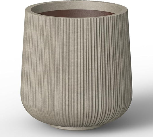 Kante 13.0" Dia Round Fluted Concrete Planter, Large Plant Pot with Drainage, Smooth Weathered Concrete Finish with Painted Interior, for Indoor and Outdoor Use