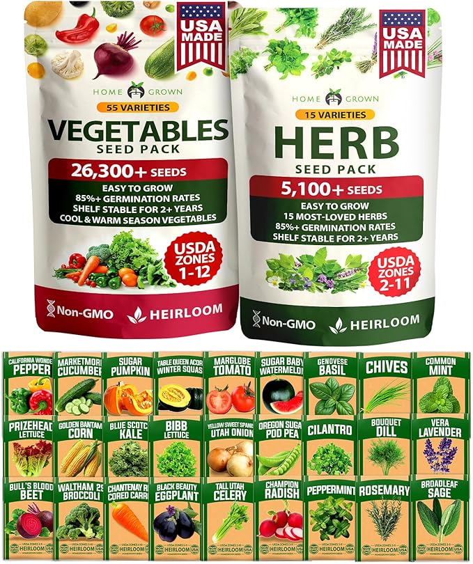 HOME GROWN 70 Variety Vegetable & Herb Seeds 32,000+ USA Non-GMO Heirloom Survival Seeds Garden Kit for Spring, Fall, Winter Indoor & Outdoor Planting Starter Set for Home Gardeners & Preppers