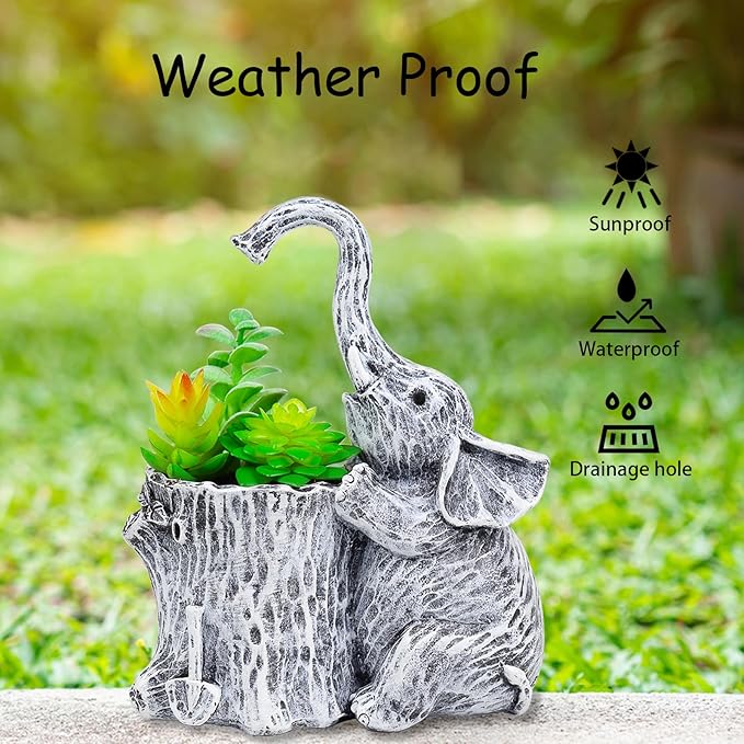 Elephant Gifts for Women Succulent Pots Indoor Planters for Plant Lovers Cute Outdoor Plant Pots Gift Idea for Mother Outdoor Garden Animal Decor Elephant Hug Stump Statue with Drainage Hole