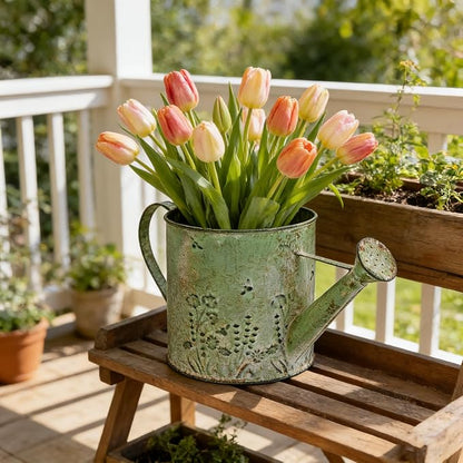 Vintage Metal Watering Can Planter with Embossed Floral - Distressed Green Decorative Watering Pot for Indoor/Outdoor Flowers, Succulents & Herbs, Rustic Home Decor Accent