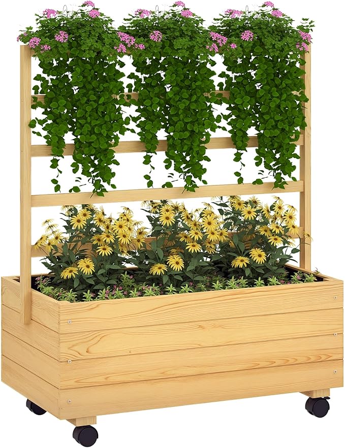 Outsunny Raised Garden Bed with Trellis and Wheels, Outdoor Wooden Elevated Planter Box, Freestanding Raised Flower Bed for Climbing Plants, Flowers, Herbs and Vegetables, Natural
