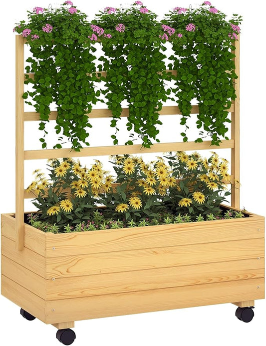 Outsunny Raised Garden Bed with Trellis and Wheels, Outdoor Wooden Elevated Planter Box, Freestanding Raised Flower Bed for Climbing Plants, Flowers, Herbs and Vegetables, Natural