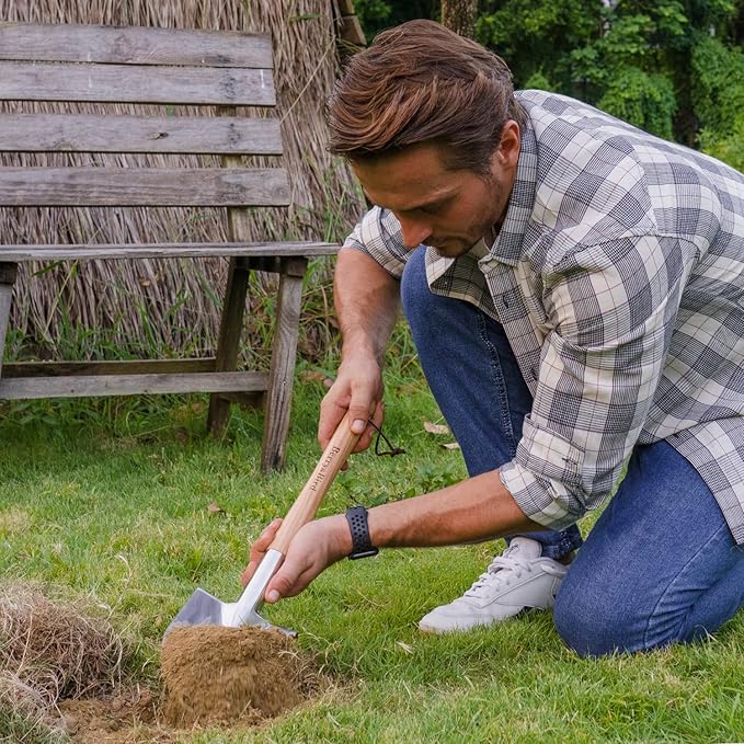 Berry&Bird Short Hand Shovel, 19.8’’ Digging Trowel for Gardening with Wood Handle Stainless Steel Round Point Spade Shovel with Serrated for Cutting, Transplanting & Weeding