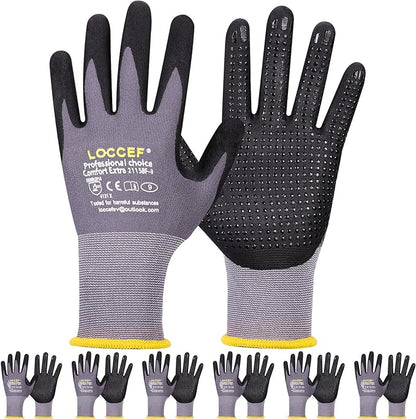 LOCCEF Work Gloves MicroFoam Nitrile Coated-6 Pairs,Endurance Seamless Knit Nylon,Dots on palm,Tacky Dot Grip Gloves