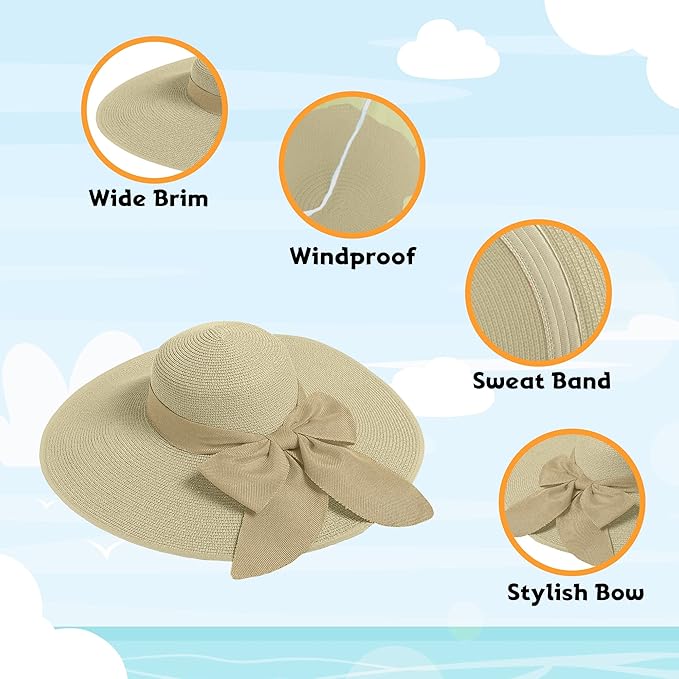 Women's Wide Brim UPF 50+ Straw Sun Hat with Bow - Foldable Packable Summer Beach Hat with Chin Strap